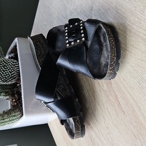 BIRK-ISH Rhinestone black leather sandals